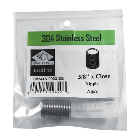 Smith-Cooper Smith-Cooper 3/8 in. MPT Stainless Steel Close Nipple S8344NI003010B